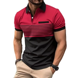 Men's red and black color-block striped short sleeve polo shirt with breathable fabric