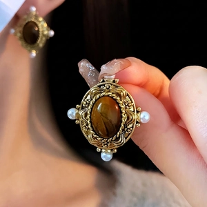 Vintage baroque style earrings with brown tiger eye stone and pearls on gold floral frame