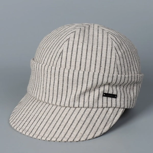 Vintage Vertical Pinstripe Newsboy Cap Cotton Linen Adjustable Short Brim Retro Breathable Flat Top Hat For Women Men