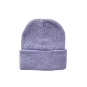Lavender knitted beanie for children featuring ribbed texture and warm double layer