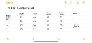 Size chart showing chest, shoulder, sleeve, and length data for the faux leather jacket