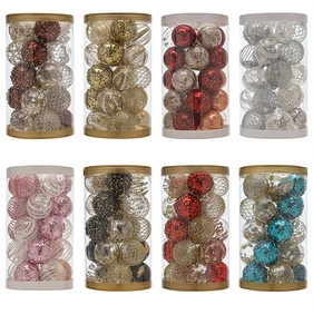 Detail view of 8 colorful sets of 5cm plastic Christmas balls with various textures