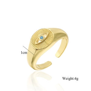 Detailed view of evil eye open ring with 1cm width measurement and 4g weight detail