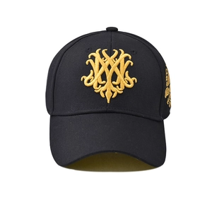 Classic black cotton baseball cap with intricate 3D gold embroidery on white background