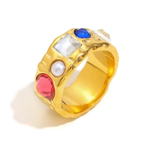 Chic 18K gold plated stainless steel wide ring with colorful zircons and pearl