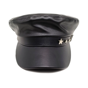 Classic black PU leather newsboy cap with vintage metal star studs for women