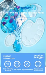 Macro detail of palette shaped silicone mold for resin art with gold leaf and blue pigments