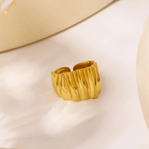 18K gold plated stainless steel wave textured open ring with minimalist wavy design
