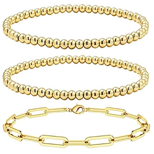 Three-piece 18K gold plated beaded and paperclip chain bracelet set for women layering