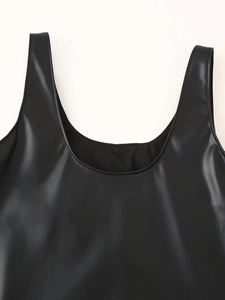 Detail of glossy black PU leather vest top featuring U-neckline and wide shoulder straps