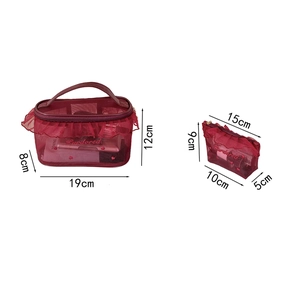 Detail view of burgundy mesh ruffle makeup bags with specific dimensions and logo