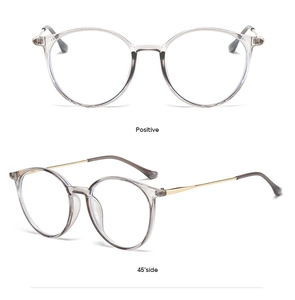 Front and side view of round transparent gray frames with gold metal temples