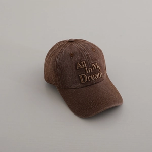 Detailed view of the 'All In My Dream' embroidery on vintage washed brown denim cap