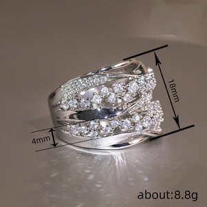 Crossed multi-layer silver ring with sparkling cubic zirconia, width 18mm, weight 8.8g