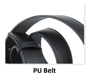 Detail of black PU leather belt featuring fine stitching and smooth semi-matte finish