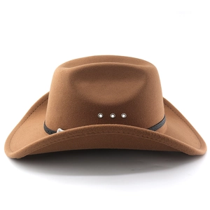 Detailed view of a brown felt cowboy hat with leather band and metal eyelets
