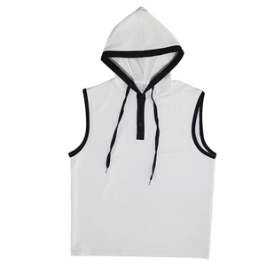 Detail of white hooded tank top with black contrast trim and button neckline