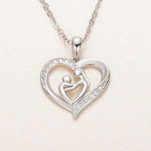 Silver mother and child heart necklace with sparkling zircon stones for Mother's Day