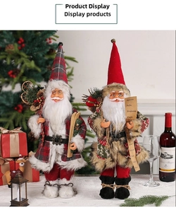 Standing Santa Claus figurines with ski boards and gift list in a festive holiday scene
