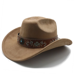 Close-up of brown suede cowboy hat featuring embroidered leather band with blue stone