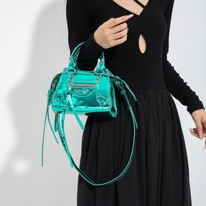 Retro metallic green faux leather motorcycle handbag with rivets and woven handle for women