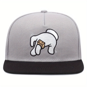 Snapback Hip-Hop Cap in Hellgrau und Schwarz mit weißer Cartoon-Handstickerei