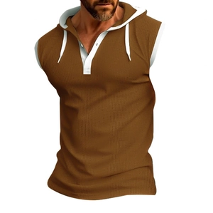 Close-up of brown hooded tank top featuring breathable honeycomb fabric and white drawstrings