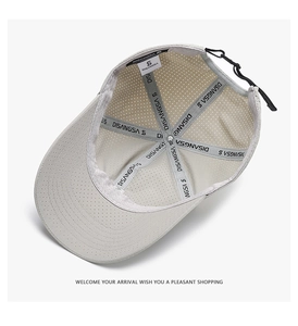 Detail view of the breathable mesh interior and adjustable cord on light grey baseball cap