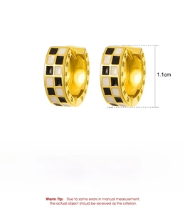 Detail view of 1.1cm checkerboard huggie hoop earrings showing dimensions and brass texture