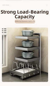 Detailed view of 3-tier adjustable metal pot rack with vertical lid storage compartment