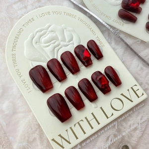Handmade Wine Red Cat Eye Press On Nails With Red Rhinestone Deep Red Fake Nails For Women New Year Party Jewelry