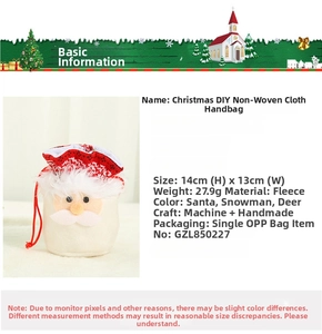 Detail view of 14x13cm Santa Claus velvet drawstring candy bag with product dimensions
