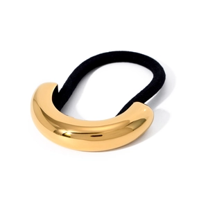 Minimalist elastic hair tie with a polished golden C-shaped stainless steel metal ornament