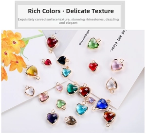 Detailed view of colorful heart-shaped crystal pendants with gold plated borders