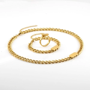 Detailansicht eines goldenen Panzerketten-Schmucksets mit Halskette, Armband und Ring