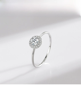 Detail of S925 sterling silver ring featuring halo setting with round zircon on white background