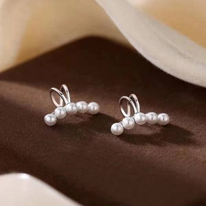Silver plated pearl ear cuff earrings for women featuring five elegant white pearls