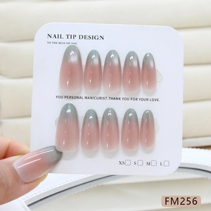Handmade almond press-on nails with ice fog gradient blush cat eye finish in grey-green