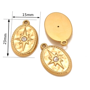 Titanium steel oval star pendant with embedded crystal in front, side and back views