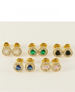 Detailed flat lay of double-layer zircon stud earrings in five vibrant colors with gold plating