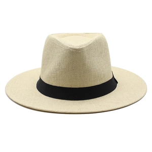 Classic light beige straw fedora hat with black ribbon band for summer beach protection