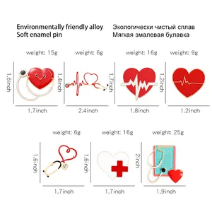 Size chart for medical heart brooches including dimensions in inches and weight in grams
