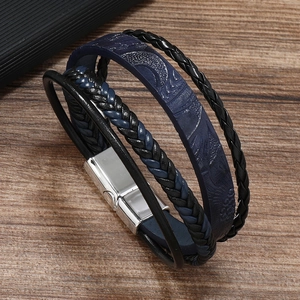 Men's multilayer braided leather bracelet in black and blue with silver magnetic clasp