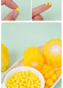 Macro shot of realistic artificial mini corn kernels and cobs for DIY craft food toys
