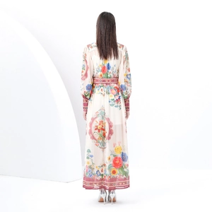 Floral print long maxi dress with lantern sleeves and waist tie, elegant back view