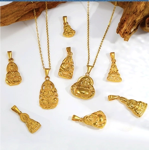Detail of 24K gold-plated Buddha and Guanyin pendants with intricate religious patterns
