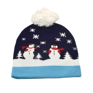 Close-up of knit winter hat featuring festive snowman, snowflake patterns, and a white pompom