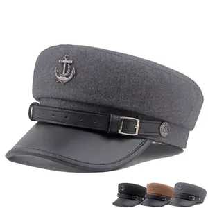 Vintage wool blend sailor cap with anchor badge and PU leather brim for women