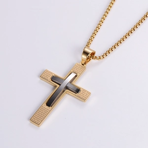 Vintage stainless steel cross pendant necklace with engraved scripture in gold and black