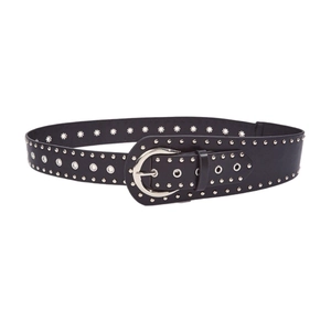 Punk black faux leather belt with triple rows of silver metal studs and pin buckle